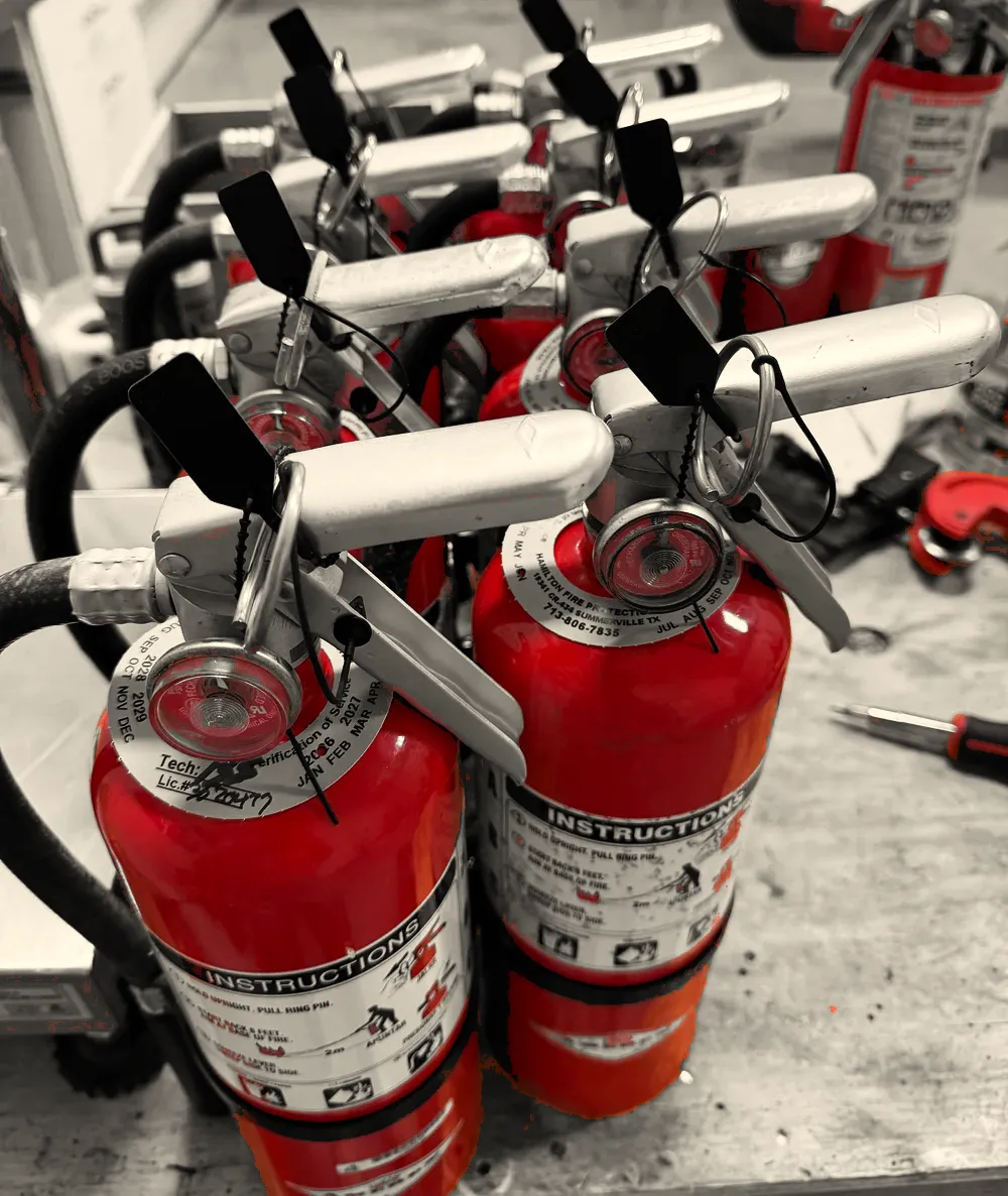 Serviced extinguishers on the Hamilton workbench, each carrying a punched service tag on the neck