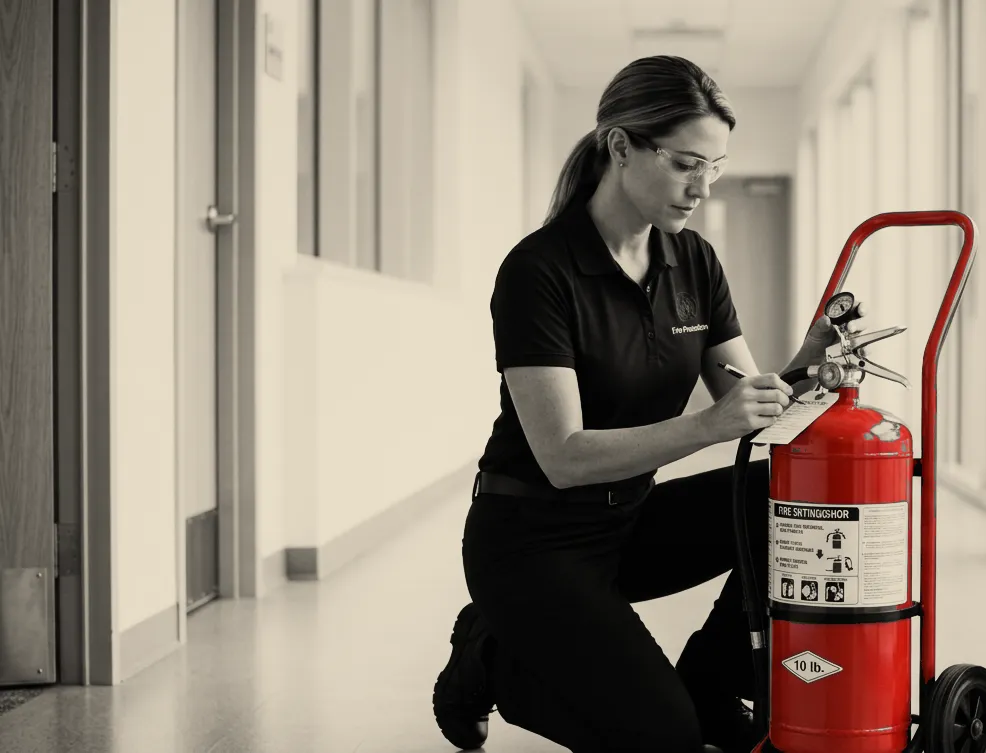 A Hamilton Fire Protection technician kneeling at a wheeled commercial extinguisher in a building corridor, filling out the service tag